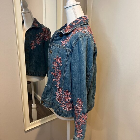 Coldwater Creek Soutache Rose Pink Floral Embroidered Jean Jacket, Size Small - Picture 9 of 14